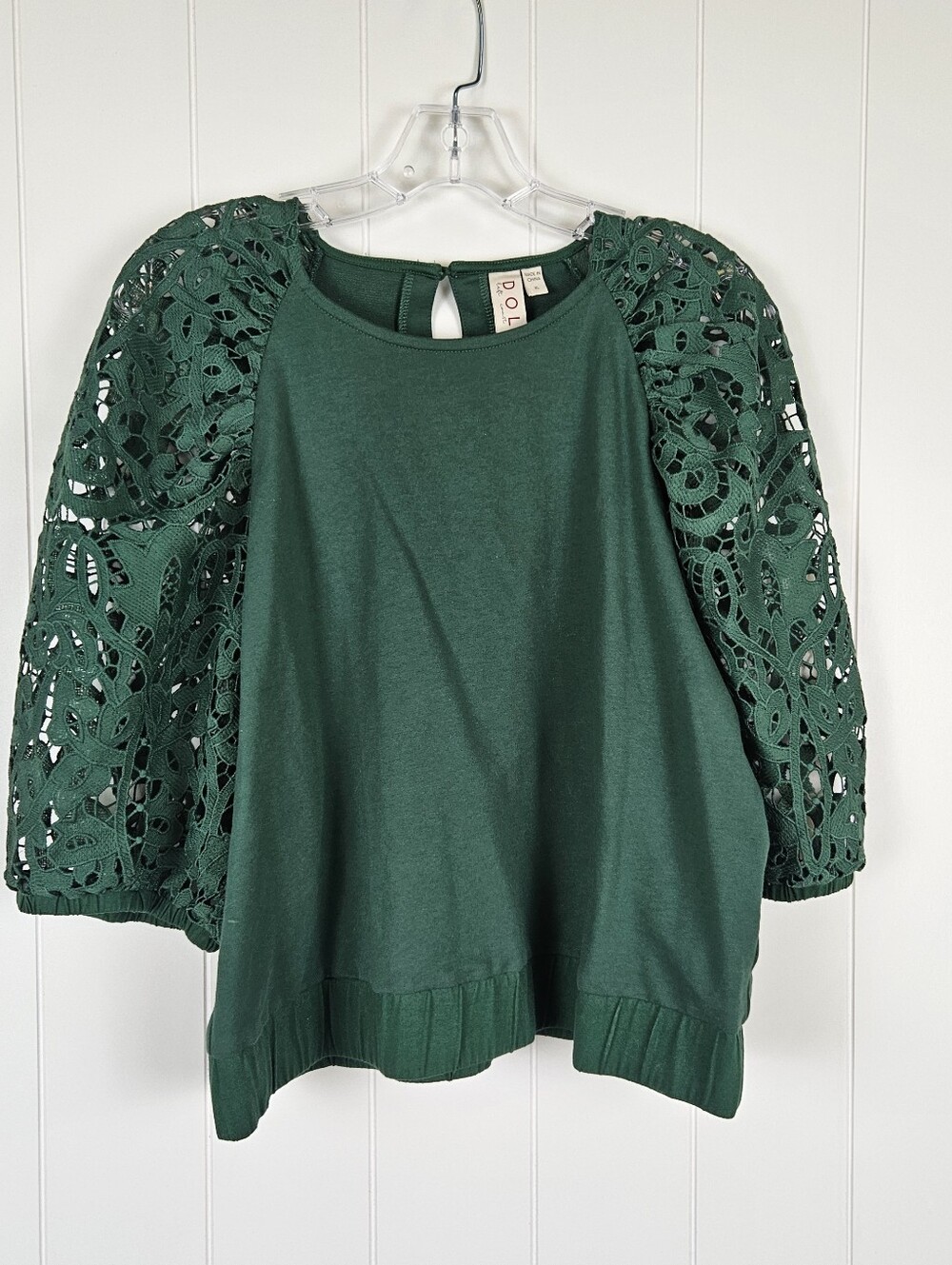 Anthropologie Dolan Blouse Lace Puff Sleeve Crop Hunter Green Womens XL